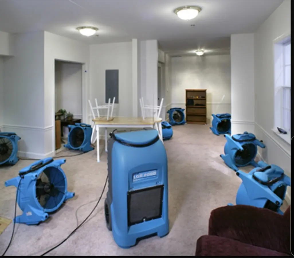 Air movers and dehumidifier setup for Water Damage Restoration in Joppatowne